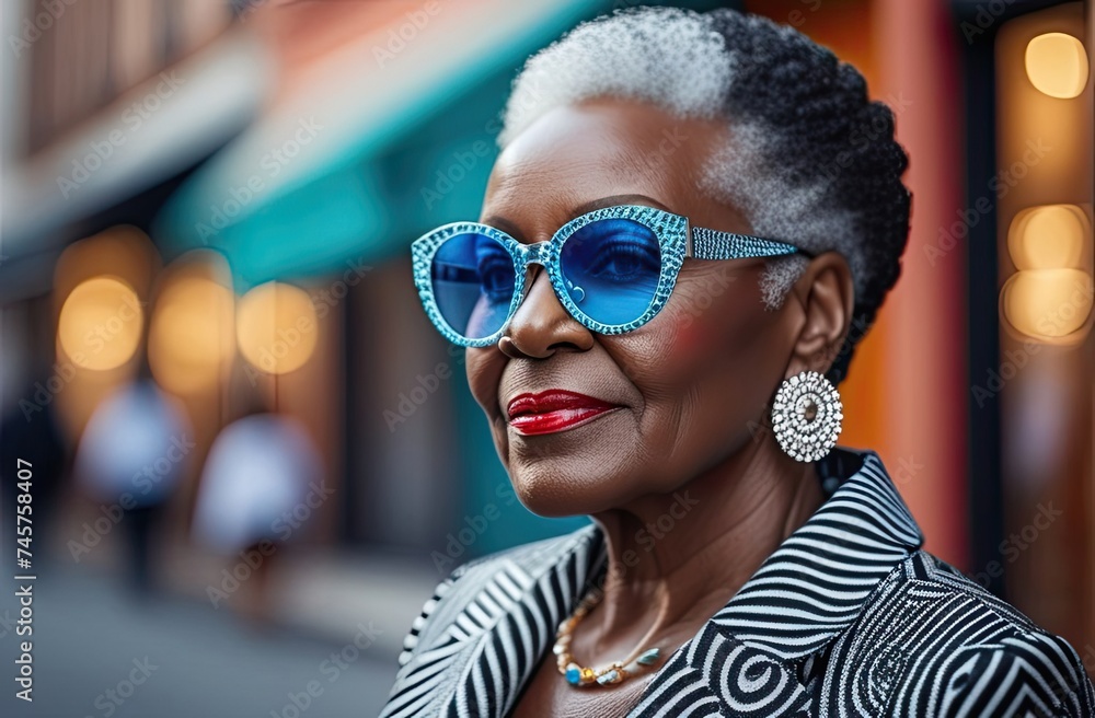 African american woman smiling, dressed fashionably in bright glasses on the background of the city in neon light, mixed light, emotions