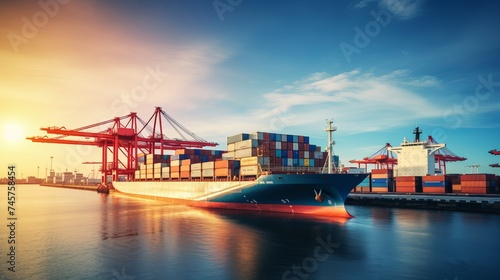 Logistics import export background of Container Cargo ship in seaport on blue sky, Freight Transportation photo
