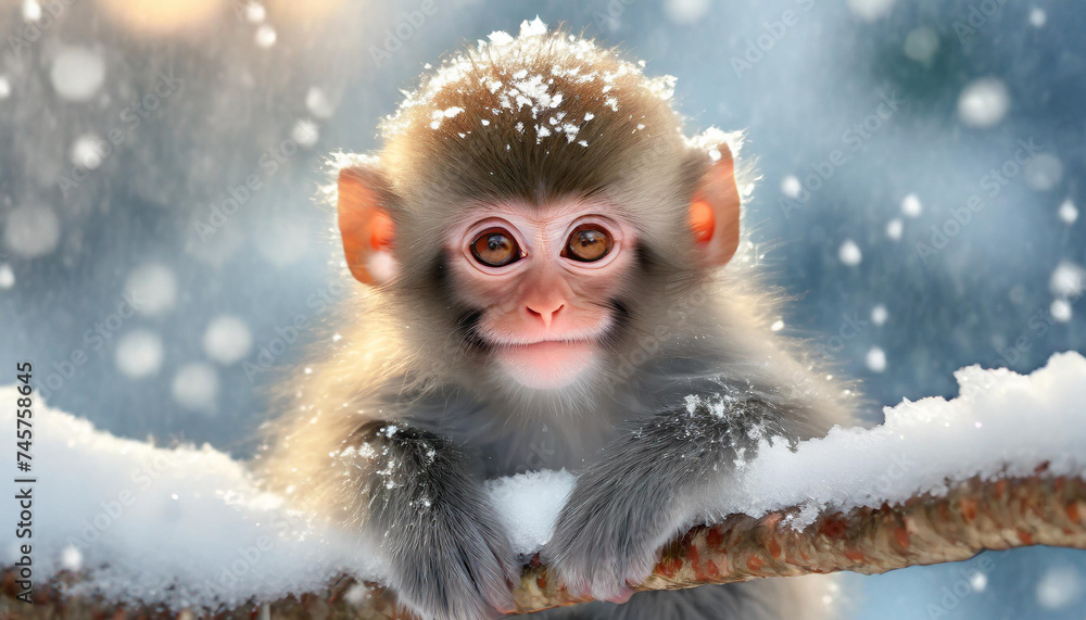 雪の中の猿の子供,Generative AI AI画像 雪の中の猿の子供,Generative AI AI画像