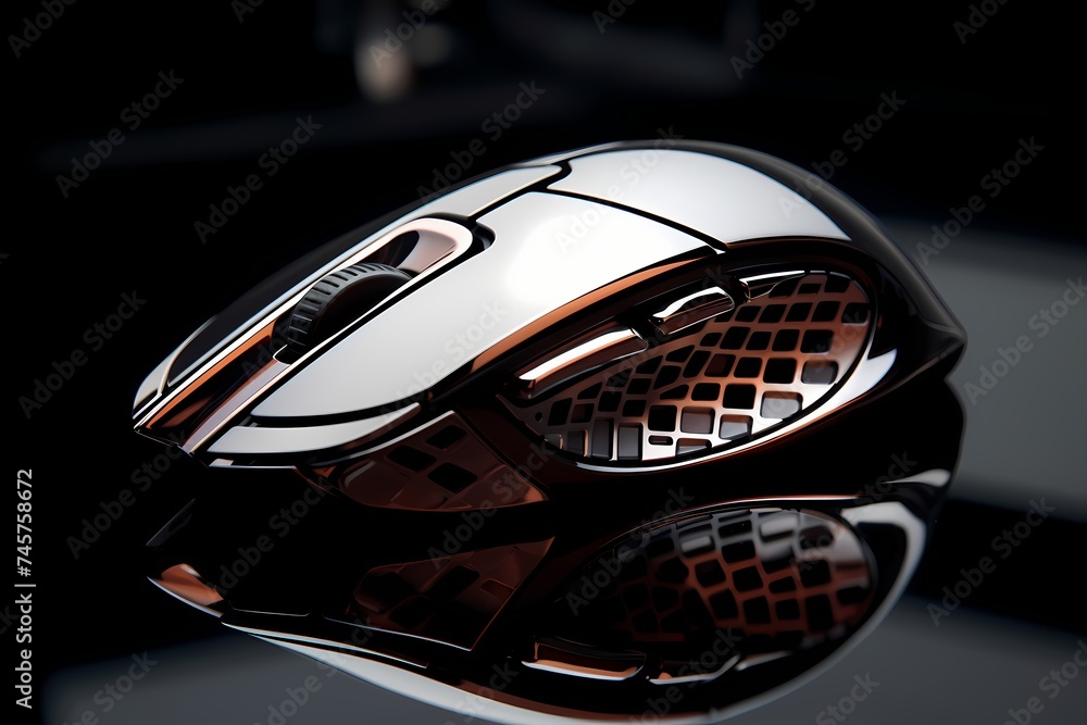 Macro shot of a precision-engineered computer mouse with reflective surfaces Macro shot of a precision-engineered computer mouse with reflective surfaces