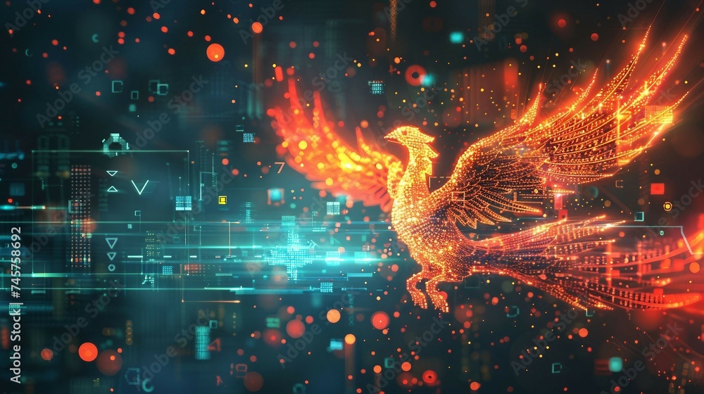 an illustration of a digital phoenix rising from pixelated ashes, incorporating security symbols in its feathers, representing the resilience and regeneration of data security measures. - obrazy, fototapety, plakaty 