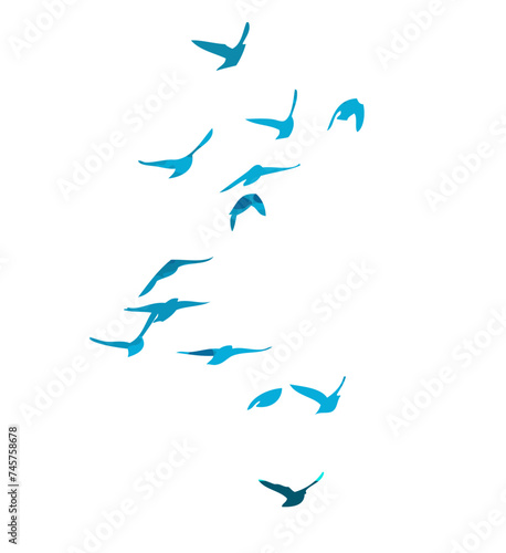 A flock of blue watercolor flying birds. hand drawing. Not AI, Free birds abstraction. Vector illustration