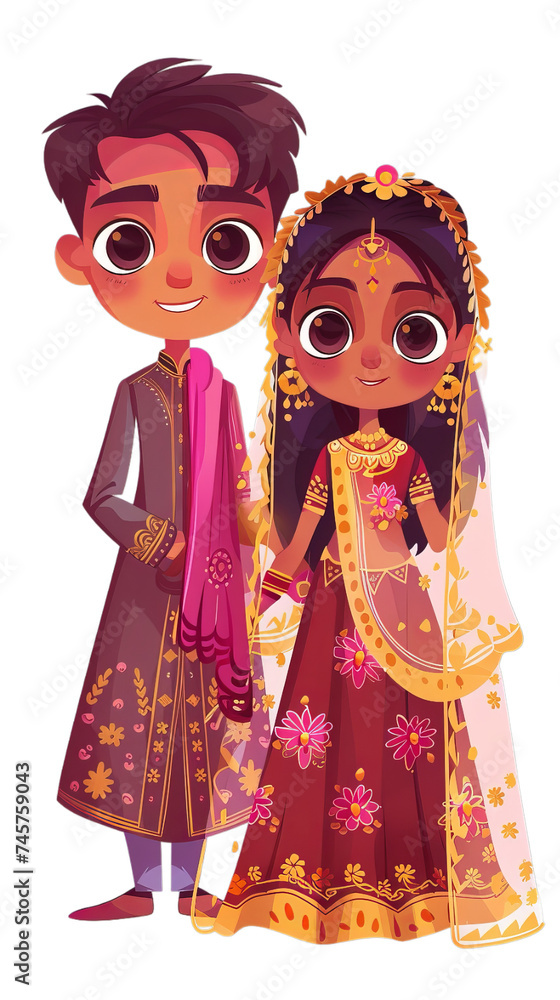 Bride and groom couple in traditional Indian dress, cartoon character, isolated on transparent, PNG background, Generative ai