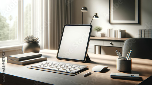contemporary home office setup showcasing a tablet touchpad with a white screen mockup