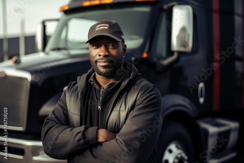 Confident and happy black truck driver standing proud in front of his truck with copy space. Concept of transporters and truckers workers. © Kemedo