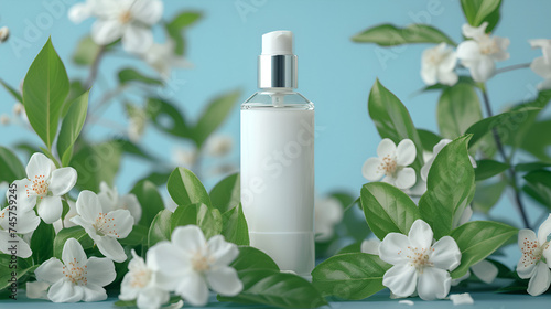 White cosmetic bottle with green leaves, generative ai © Chaman