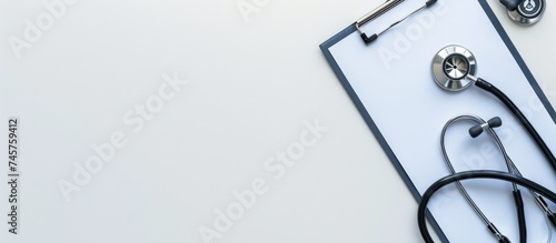 Medical stethoscope and clipboard exam with on white background. Generated AI image photo