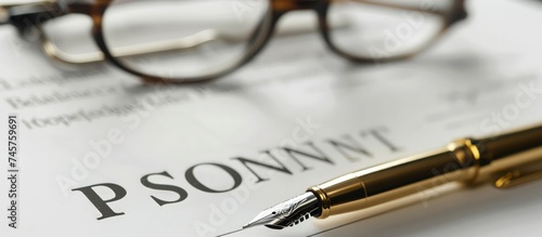 White paper contract document with glasses and pen, copy space white background. Generated AI