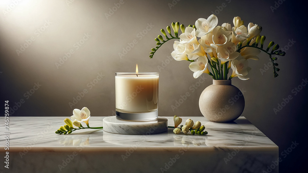 candle ad showcasing the candle on a sophisticated marble surface