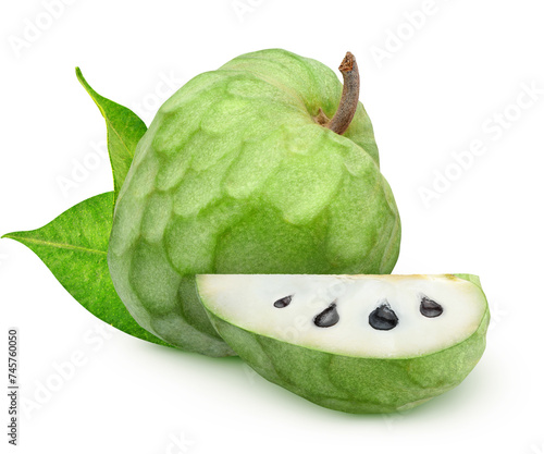 Isolated cherimoya. Whole and a piece of cherimoya (Custard apple) fruits with leaves isolated on white background