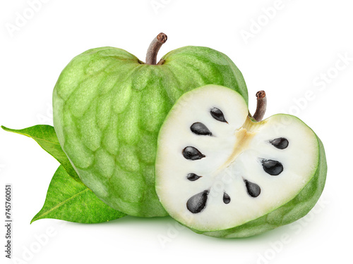 Isolated cherimoya. Whole and half of cherimoya (Custard apple) fruits isolated on white background photo