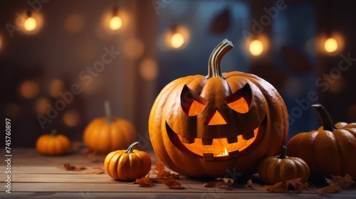 Pumpkin spiced halloween greeting card featuring smiling jack olantern on defocused background photo