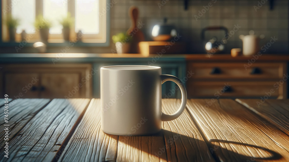 blank white mug sitting on a rustic wooden table with morning sunlight streaming through blank white mug sitting on a rustic wooden table with morning sunlight streaming through