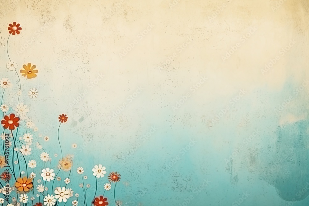 retro background with small summer colorful flowers in vintage style with free space for various inscriptions. antique wall with scuffs in shabby chic style. summer spring laconic natural background - obrazy, fototapety, plakaty 