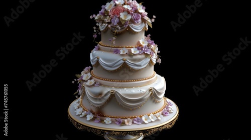 Delicious multi-tiered wedding cake isolated on black background. Generative AI