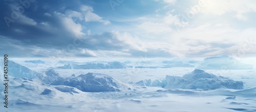 Arctic winter landscape with large glaciers frozen sea