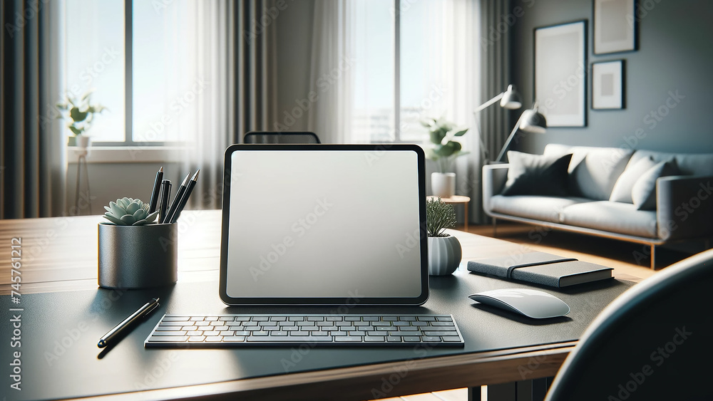 contemporary home office setup showcasing a tablet touchpad with a white screen mockup contemporary home office setup showcasing a tablet touchpad with a white screen mockup