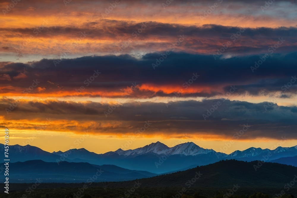 Obraz premium a panoramic shot of a vibrant sunrise over a tranquil mountain range