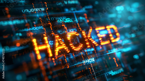 Cyber, attack,hacked word on screen binary code display, hacker.