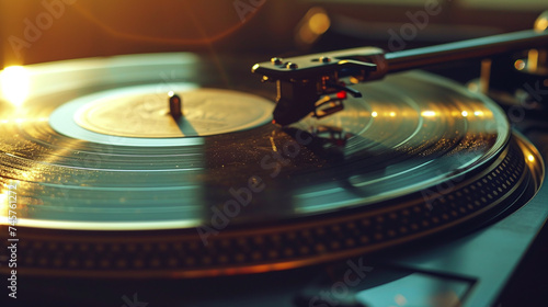 Vintage Turntable Playing Vinyl Record with Warm Light Flare and Dust Particles Closeup 