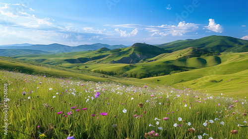 Rolling Green Hills and Wildflowers Under Blue Sky With Clouds Scenic Landscape  photo