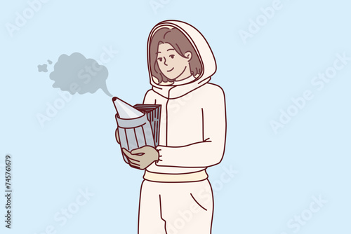 Woman beekeeper in protective suit uses smoke dispenser to scare away bees and collect honey. Young girl beekeeper is engaged in fumigating flowers or hives with insect settlements
