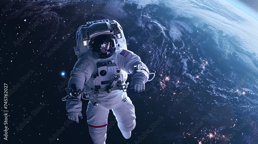 Astronaut Floating in Space with Earth in the Background Reflecting the Cosmic Starscape Astronaut Floating in Space with Earth in the Background Reflecting the Cosmic Starscape