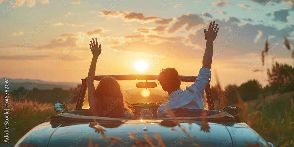 Obraz premium car at sunset and inside an unrecognizable couple