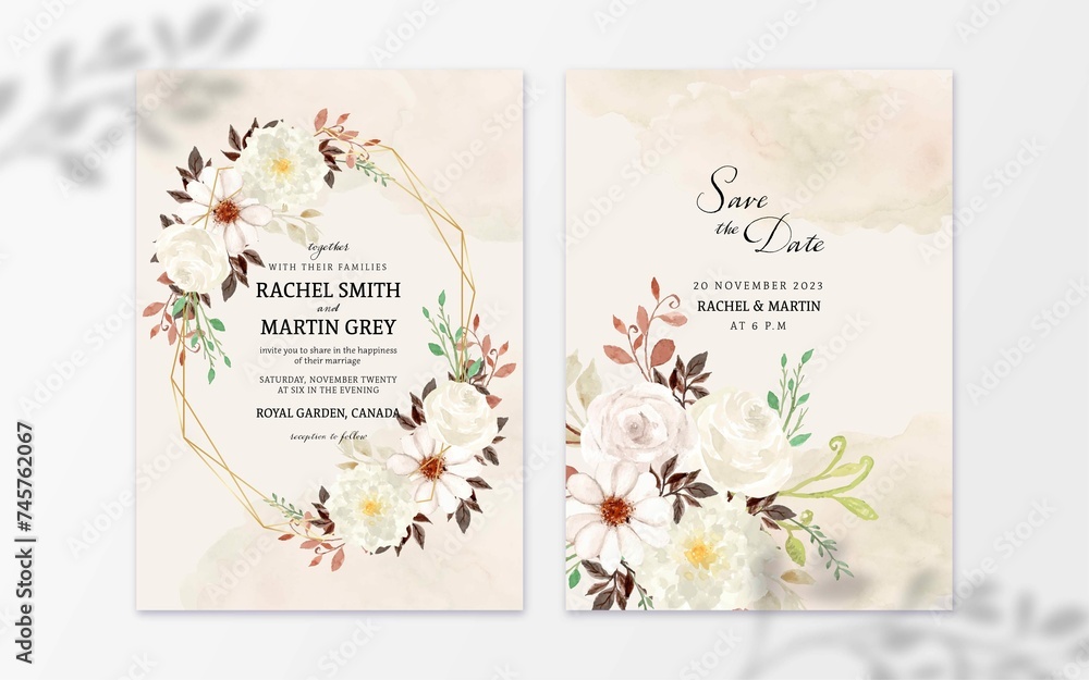 Set Rustic White Watercolor Flower With Abstract Stain Wedding Invitation