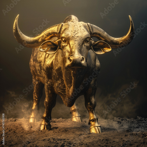 golden bull on a black background with smoke, 3d illustration