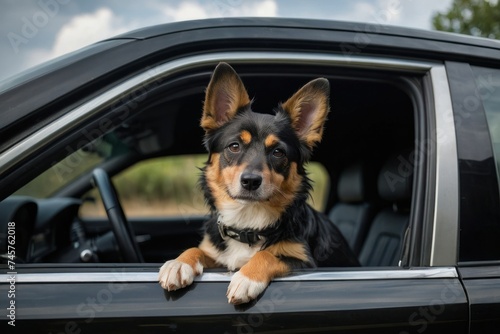 Cute dog in black car, view from outside © Muh