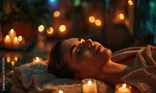 Female client enjoying relaxing spa treatment under candlelight © Olha