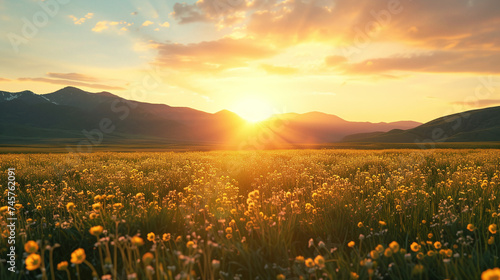 Golden Sunset Over Mountain Range with Wildflower Meadow in Foreground