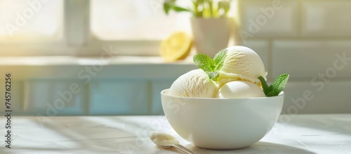 Tasty vanilla ice cream on the bowl above the table on light window background. Generated AI image