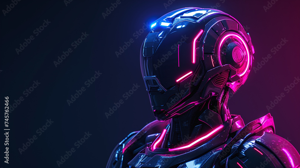 Futuristic Robot Head with Neon Lights on Dark Background in High Tech Conceptry Futuristic Robot Head with Neon Lights on Dark Background in High Tech Conceptry