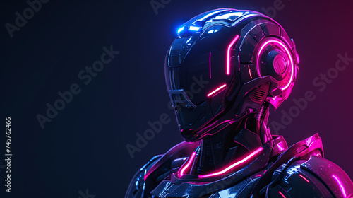 Futuristic Robot Head with Neon Lights on Dark Background in High Tech Conceptry © Kiss