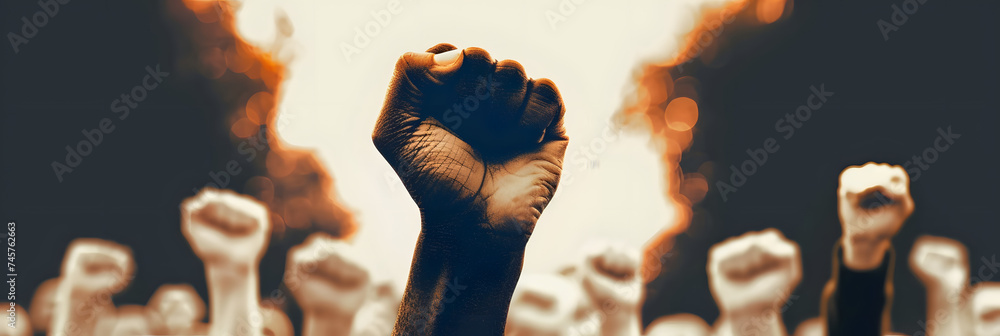 Fist protest hand activist people social fight crowd civil women march strike rebellion black. Hand fist protest rally movement young youth power racism raised racial group mob revolution change unity - obrazy, fototapety, plakaty 