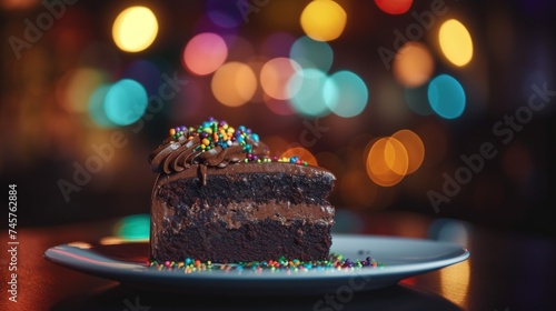 Delicious slice of chocolate cake topped with heavy cocoa cream and colorful sprinkles. Festive bokeh lights in the background.
