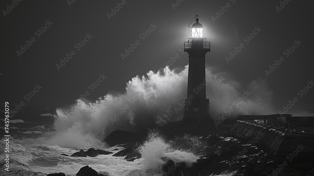 Dramatic Black and White Seascape with Lighthouse Beacon Shining Through Stormy Ocean Waves at Night
