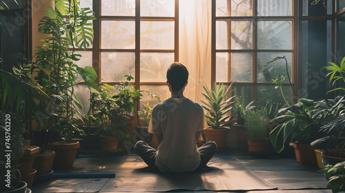 Man Meditating in Tranquil Indoor Garden with Morning Sunlight Streaming Through Window photo