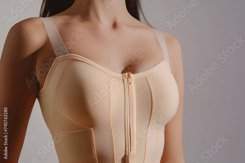 Fashion beige Compression bra corset after breast augmentation, mock up on model. Space for design, print and showcasing. Generate Ai