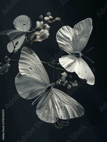 white butterflies in the dark, with a black background