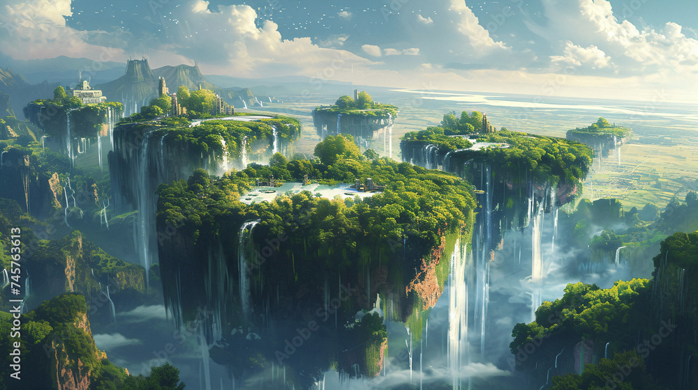 Fantasy Landscape with Cascading Waterfalls Majestic Cliffs Lush Greenery and Scenic Views - obrazy, fototapety, plakaty 