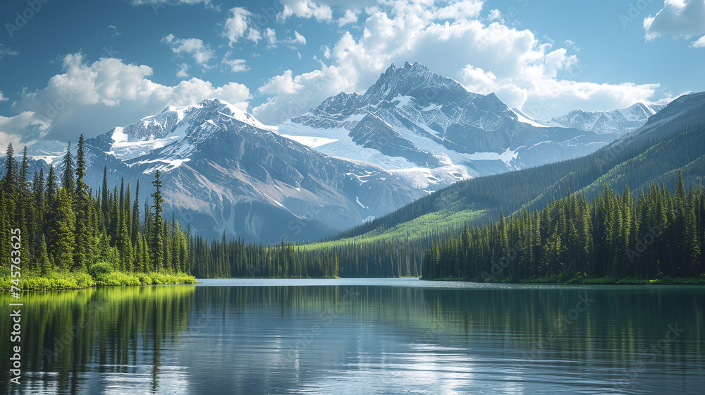 Serene Mountain Lake Landscape with Snow Capped Peaks and Lush Green Forest Reflection in Tranquil Water