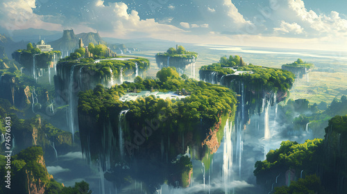 Fantasy Landscape with Cascading Waterfalls Majestic Cliffs Lush Greenery and Scenic Views © Kiss