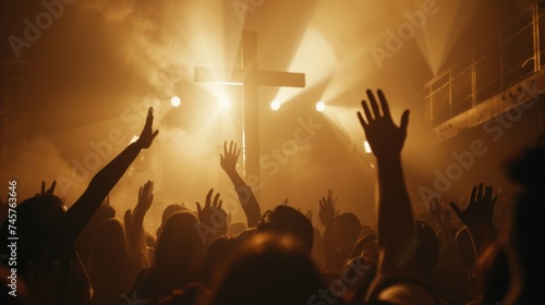 Christian Worshipers Raising Hands in Front of the Cross