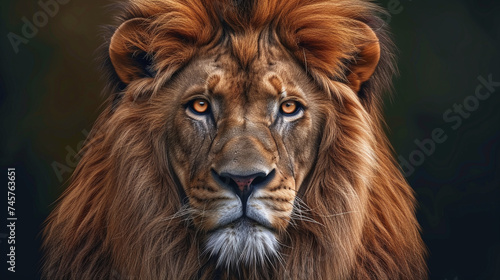 Majestic Lion Close Up Portrait with Intense Gaze Against Dark Background Perfect for Wall Art and Wildlife Themes