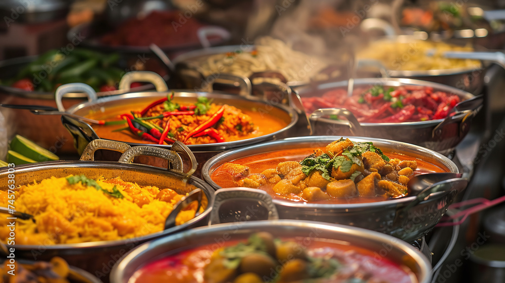 Authentic Indian Cuisine Buffet with Variety of Dishes and Aromatic Spices Display in Warm Light Authentic Indian Cuisine Buffet with Variety of Dishes and Aromatic Spices Display in Warm Light