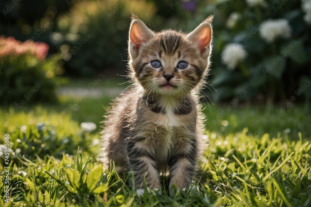 Pair of playful kittens playing in the garden
