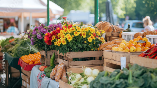 Vibrant Farmers Market Fresh Produce and Floral Display with Artisan Bread and Organic Vegetables in Sunlit Outdoor Setting photo